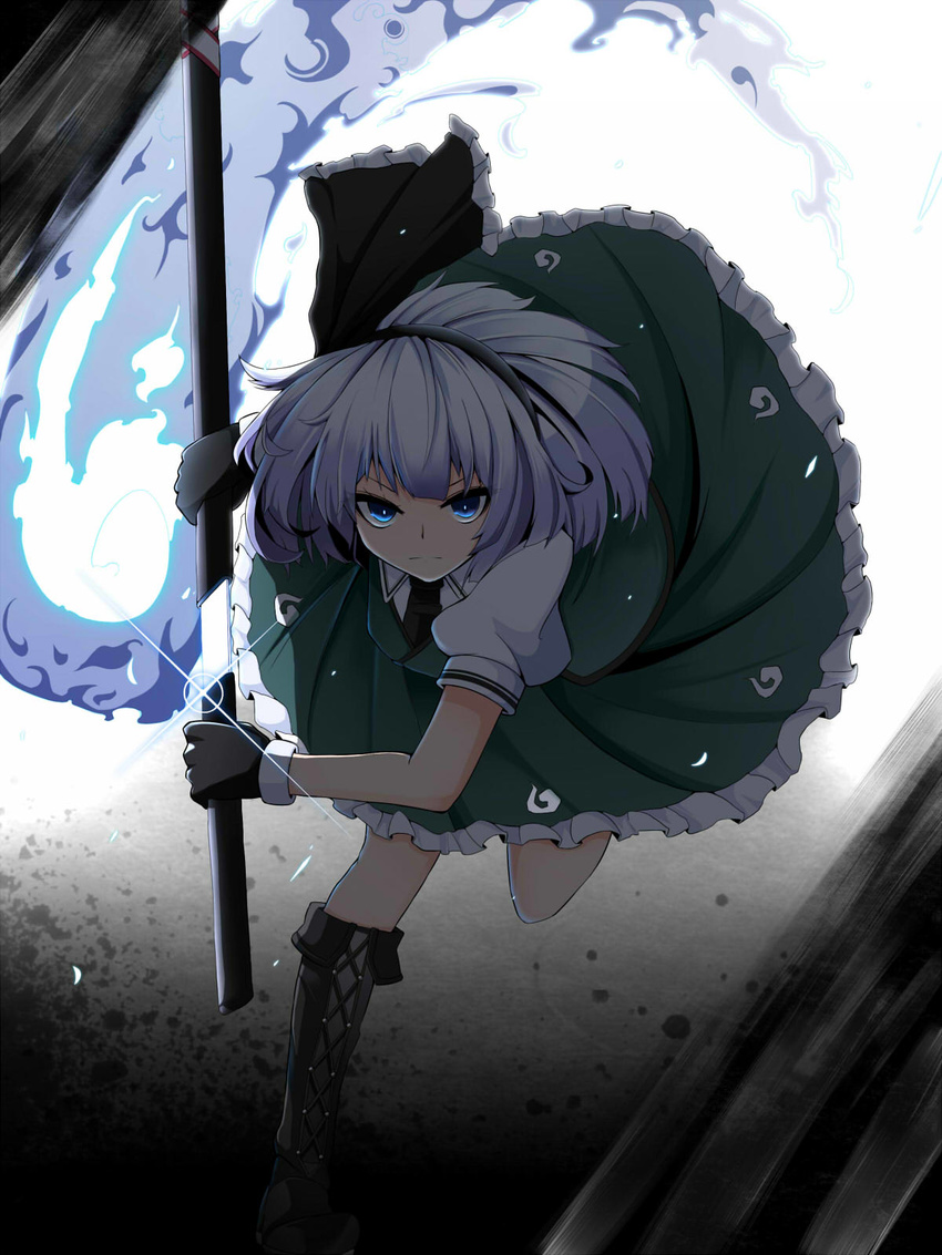 black_hairband blue_eyes boots cross-laced_footwear dress hair_ribbon hairband highres katana konpaku_youmu konpaku_youmu_(ghost) looking_at_viewer ribbon rihito_(usazukin) running short_hair solo sword touhou weapon white_hair