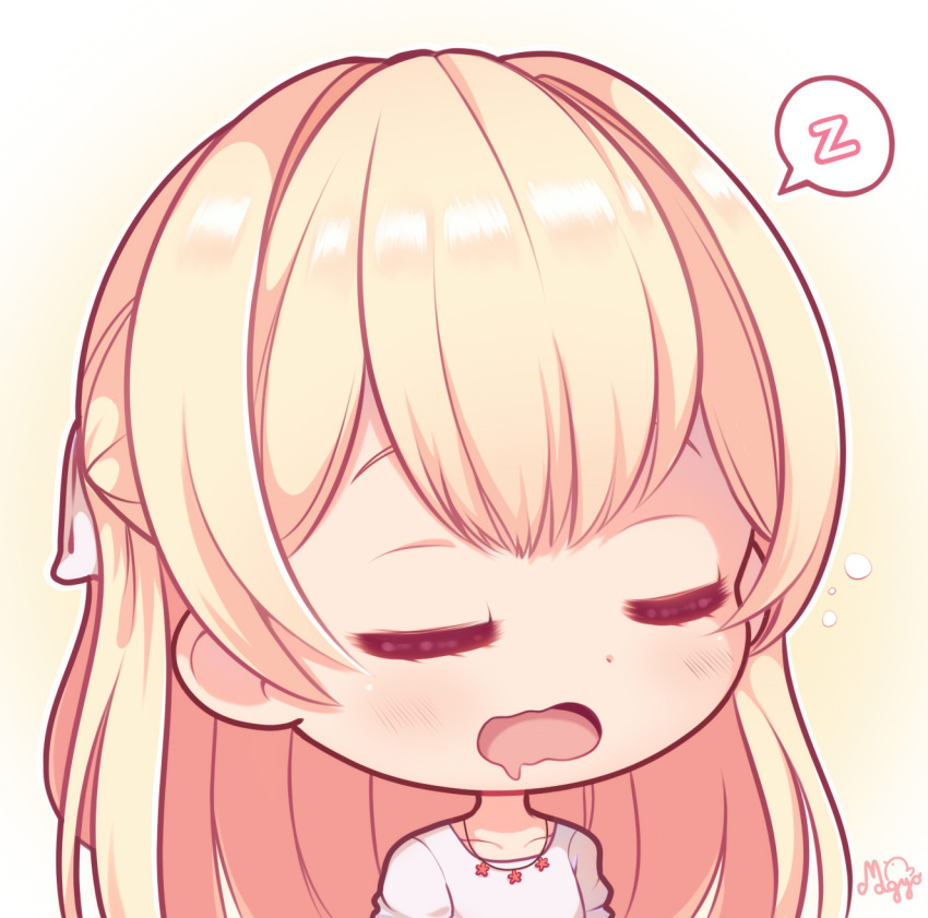 1girl artist_name bang_dream! bangs blonde_hair chibi collarbone commentary drooling english_commentary eyes_closed hair_ribbon half_updo highres jewelry long_hair magyo_(idolacircus) necklace outline ribbon shirasagi_chisato shirt sleeping solo spoken_zzz u_u upper_body wavy_mouth white_outline white_ribbon white_shirt yellow zzz