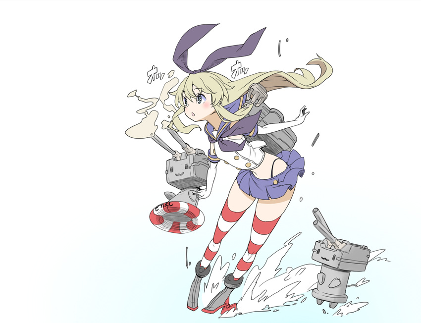 :3 anchor ankle_boots backpack bag black_panties blonde_hair blush boots date_naoto elbow_gloves gloves grey_footwear hair_ornament hair_ribbon innertube kantai_collection long_hair navel open_mouth panties rensouhou-chan ribbon sailor_collar shimakaze_(kantai_collection) skirt solo striped striped_legwear thighhighs underwear white_gloves