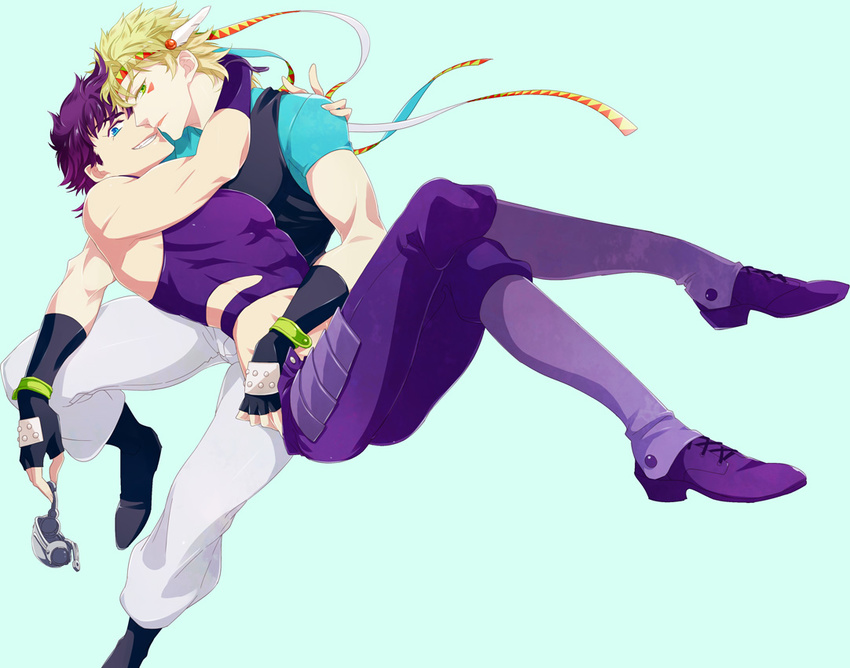 blonde_hair blue_eyes caesar_anthonio_zeppeli facial_mark feathers fingerless_gloves gloves green_eyes hair_feathers headband hiokirasu jojo_no_kimyou_na_bouken joseph_joestar_(young) mask mask_removed midriff multiple_boys scarf