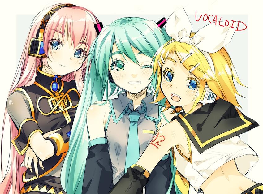 bad_id bad_pixiv_id blonde_hair blue_eyes copyright_name crossed_arms detached_sleeves green_eyes green_hair grin hair_ornament hair_ribbon hairclip hatsune_miku headphones kagamine_rin long_hair megurine_luka midriff multiple_girls necktie one_eye_closed open_mouth pink_hair ribbon smile twintails vocaloid yana_mori