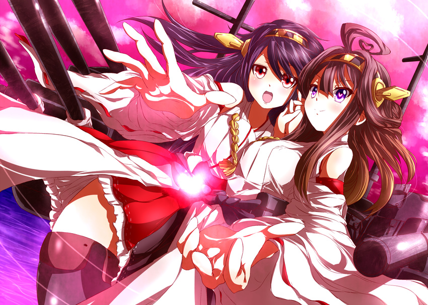 &gt;:) bare_shoulders black_hair black_legwear blush boots breasts brown_eyes brown_hair cannon choco_chip_(ekitai_idou) detached_sleeves double_bun hair_ornament hairband haruna_(kantai_collection) headgear heart heart-shaped_pupils holding_hands japanese_clothes kantai_collection kongou_(kantai_collection) large_breasts long_hair multiple_girls nontraditional_miko open_mouth purple_eyes ribbon-trimmed_sleeves ribbon_trim sekiha_love-love_tenkyoken skirt smile symbol-shaped_pupils thigh_boots thighhighs turret v-shaped_eyebrows wide_sleeves zettai_ryouiki