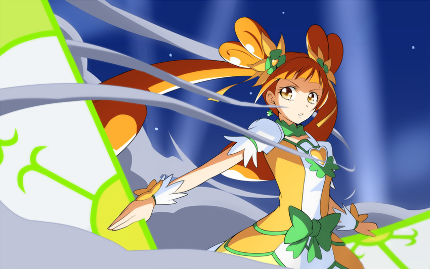 choker cure_rosetta dokidoki!_precure green_choker jabara_tornado night orange_eyes orange_hair outstretched_arm precure serious smoke solo twintails yotsuba_alice