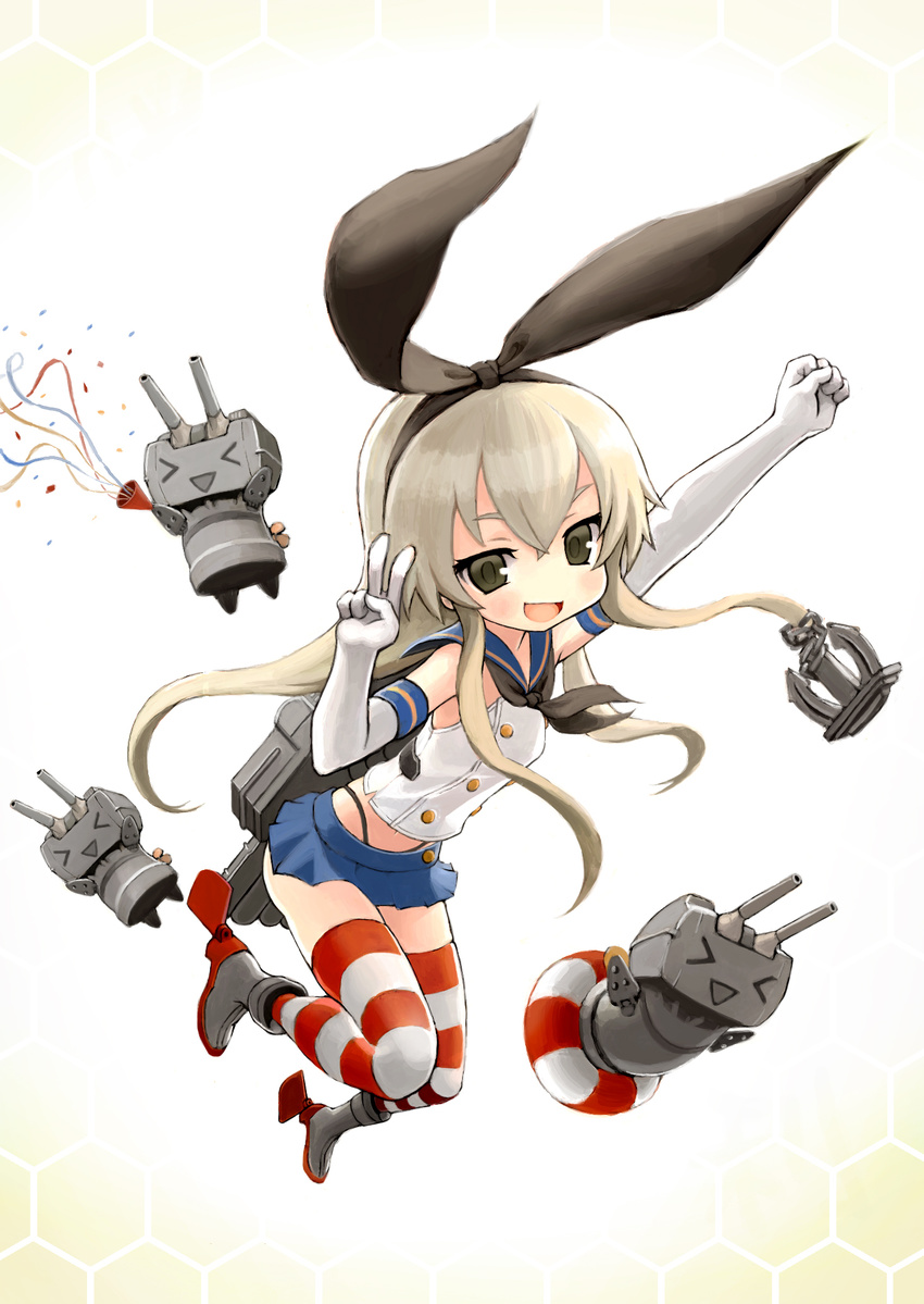 &gt;_&lt; :d anchor blonde_hair boots closed_eyes confetti elbow_gloves gloves grey_footwear hair_ribbon highleg highres hiro1984 honeycomb_(pattern) honeycomb_background innertube kantai_collection long_hair md5_mismatch microskirt open_mouth panties party_popper rensouhou-chan ribbon school_uniform serafuku shimakaze_(kantai_collection) skirt smile striped striped_legwear thighhighs turret underwear white_background yellow_eyes