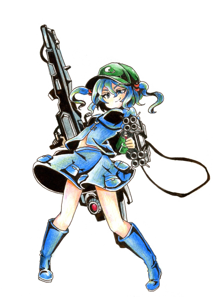 backpack bag blue_eyes blue_hair boots dress dual_wielding gokuu_(acoloredpencil) gun hair_bobbles hair_ornament hat highres holding kawashiro_nitori key long_sleeves looking_at_viewer pocket rifle rubber_boots shirt short_hair skirt skirt_set smile solo tools touhou two_side_up weapon