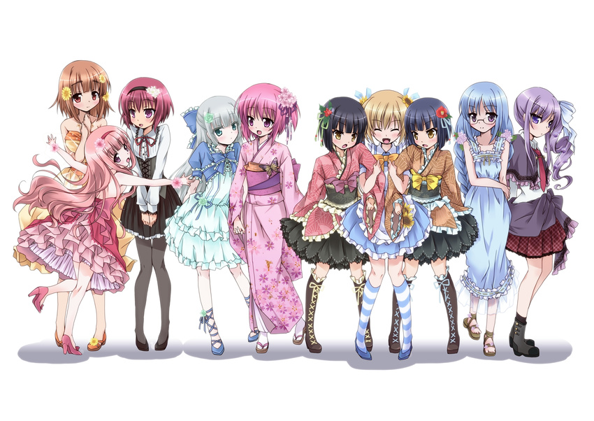 :d :o ^_^ ankle_lace-up blonde_hair blue_hair blush boots bow brown_eyes brown_hair closed_eyes cross-laced_footwear dress fang flower fujii_masami glasses green_eyes hair_bow hair_flower hair_ornament hair_ribbon hakamada_hinata hakamada_kagetsu headband high_heels highres japanese_clothes kashii_airi kneehighs legs lolita_fashion long_hair mimi_balguerie minato_tomoka misawa_maho mole multiple_girls nagatsuka_saki nora-toro open_mouth pantyhose pink_hair purple_hair ribbon rou-kyuu-bu! short_hair side_ponytail silver_hair smile striped striped_legwear takenaka_hiiragi takenaka_tsubaki very_long_hair wa_lolita white_background yellow_eyes