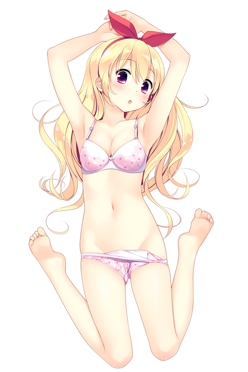 :o aikatsu! aikatsu!_(series) armpits arms_up barefoot blonde_hair blush bra breasts cleavage feet futago_monad groin hair_ribbon heart heart_bra heart_panties heart_print highres hoshimiya_ichigo long_hair looking_at_viewer medium_breasts navel open_mouth panties panty_pull pink_bra pink_eyes pink_panties print_panties purple_eyes red_eyes ribbon solo underwear underwear_only