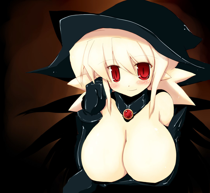 1girl blonde_hair blush breasts cleavage gloves hat large_breasts pointy_ears red_eyes sakaki_(noi-gren) smile solo witch_hat