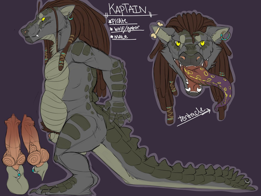 canine crocodile dreadlocks ear_piercing english_text hybrid kaptain male mammal model_sheet nude penis piercing reptile scalie sinistersnipps solo tentacles text tongue wolf yellow_eyes