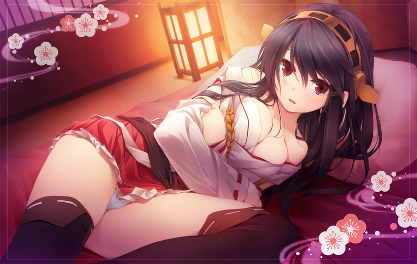 bare_shoulders black_hair black_legwear boots breast_hold breasts cleavage detached_sleeves frilled_skirt frills hair_ornament hairband hairclip haruna_(kantai_collection) headgear ichikawa_noa japanese_clothes kantai_collection long_hair looking_at_viewer lying medium_breasts on_side open_mouth panties pantyshot pillow red_eyes ribbon-trimmed_sleeves ribbon_trim skirt smile solo thigh_boots thighhighs underwear white_panties