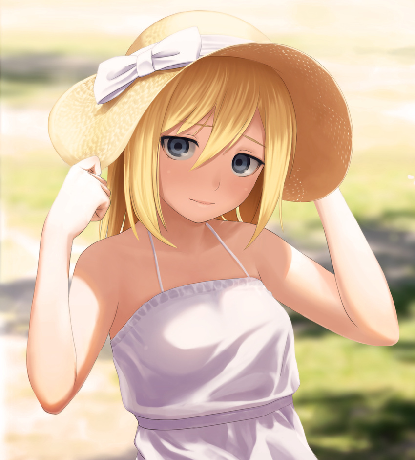 alternate_costume bare_shoulders blonde_hair blue_eyes blush christa_renz dress hands_on_headwear hat highres looking_at_viewer sawada_yuusuke shingeki_no_kyojin short_hair smile solo sun_hat sundress