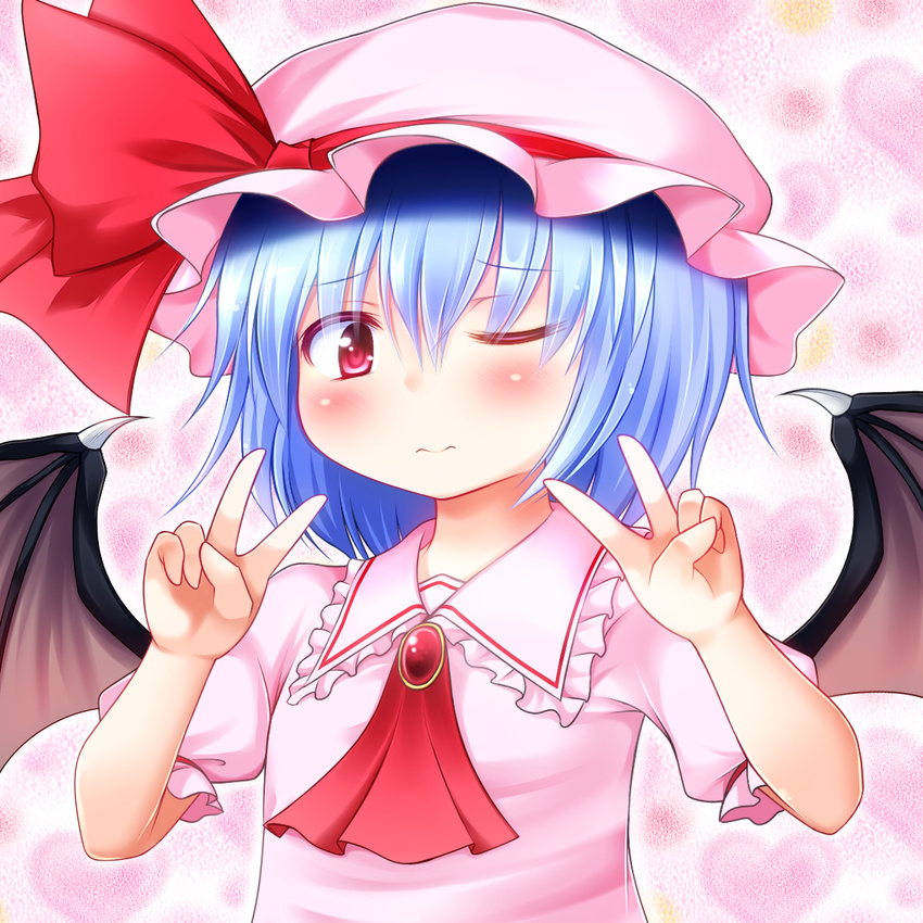 3: bat_wings blue_hair double_v hat hat_ribbon highres looking_at_viewer one_eye_closed red_eyes remilia_scarlet rena_(riries) ribbon short_hair solo touhou v wings