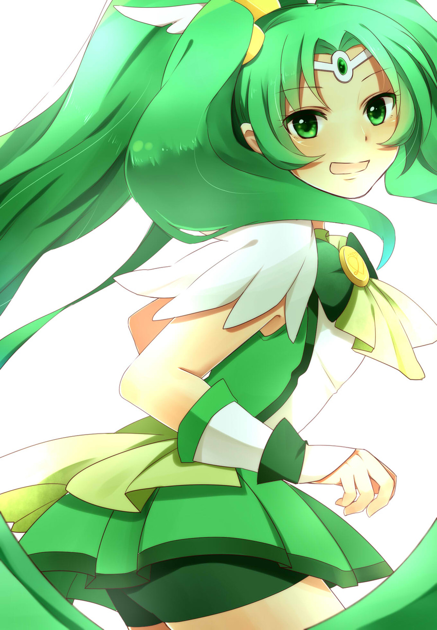 bad_id bad_pixiv_id bike_shorts cure_march green green_eyes green_hair green_shorts green_skirt highres long_hair looking_at_viewer magical_girl midorikawa_nao open_mouth ponytail precure shorts shorts_under_skirt simple_background skirt smile_precure! solo tiara very_long_hair white_background yuragiyura