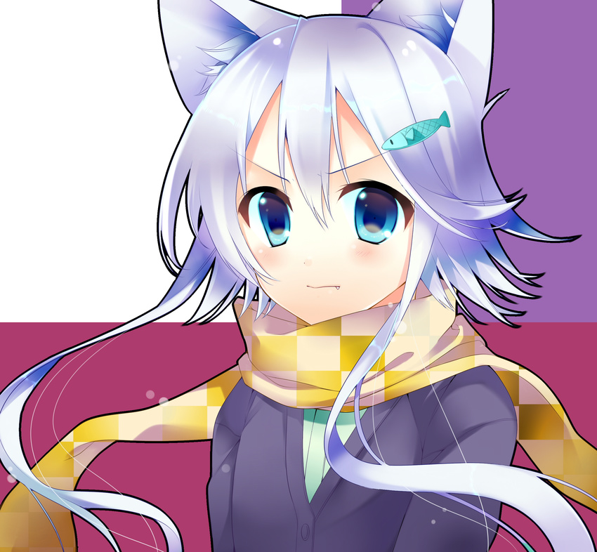 animal_ears blue_eyes fish_hair_ornament hair_ornament highres hinazuka_ryou looking_at_viewer original scarf short_hair silver_hair simple_background solo