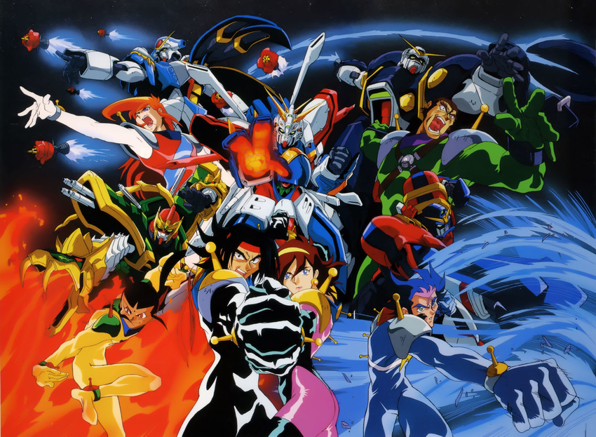 5boys argo_gulskii artist_request ball_and_chain blue_eyes bodysuit bolt_gundam brown_hair chibodee_crocket domon_kasshu dragon_gundam fire g_gundam george_de_sand god_gundam gundam gundam_maxter gundam_rose highres holding_hands mecha mobile_trace_suit multiple_boys punching rain_mikamura sai_saici short_hair tango