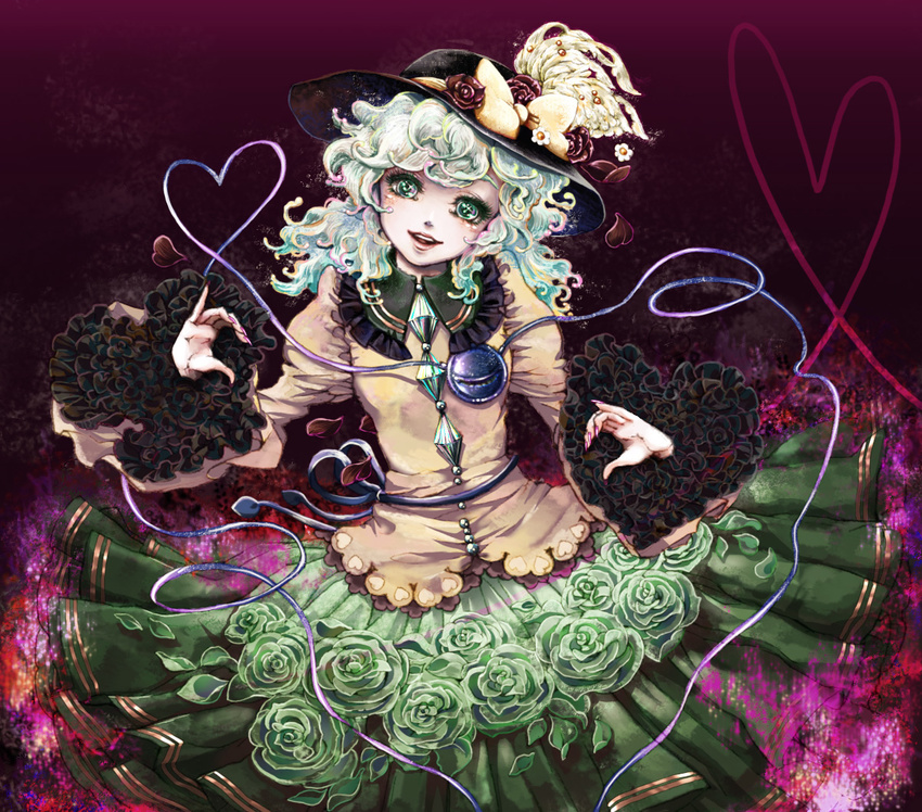 crystal eyelashes flower frilled_sleeves frills gothic_lolita green_eyes green_flower green_rose hands hat hat_ribbon heart heart_of_string komeiji_koishi lolita_fashion looking_at_viewer nail_polish petals pink_nails red_flower red_rose ribbon rose rose_petals short_hair skirt solo string takatora too_many too_many_frills touhou white_hair