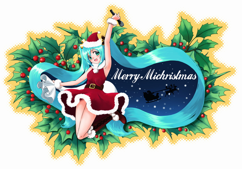 :d alternate_costume aqua_hair arm_up armpits bag bell belt blush boots christmas cross-laced_footwear dress flying fur_trim hair_bell hair_ornament hat hatsune_miku holding holding_bag holly jumping lace-up_boots lakuhito long_hair looking_at_viewer night night_sky open_mouth pom_pom_(clothes) red_dress red_footwear red_hat reindeer sack santa_claus santa_costume santa_hat sky sleeveless sleeveless_dress sleigh smile snowing solo twintails upskirt very_long_hair vocaloid wrist_cuffs