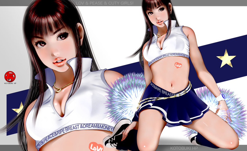 breasts brown_eyes brown_hair cheerleader cleavage copyright_request crop_top kotobuki_shiro large_breasts lipstick long_hair makeup midriff pom_poms shoes skirt sneakers solo zoom_layer