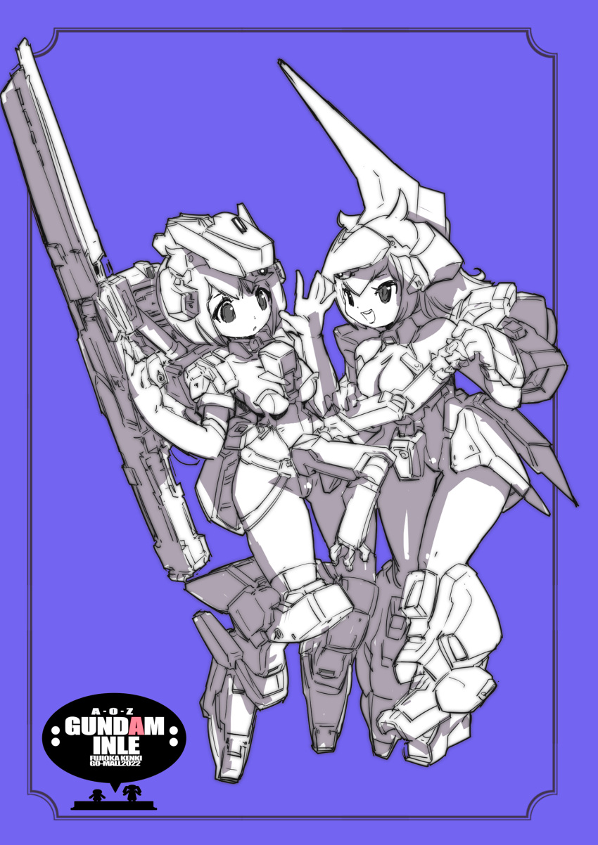 2girls :d :o advance_of_zeta advance_of_zeta_re-boot barzam between_breasts breasts character_request cleavage commentary_request english_text full_body gun gundam hair_between_eyes highres holding holding_gun holding_weapon kenki_fujioka large_breasts leotard logo long_hair mecha_musume mechanical_legs multiple_girls open_hand personification purple_background short_hair siblings simple_background sisters smile tareme tsurime weapon