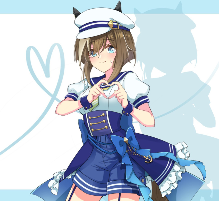 1girl alternate_costume animal_ears birthday blue_bow blue_eyes blue_overskirt blue_sailor_collar blue_shorts blue_wrist_cuffs blush bow brown_hair cheval_grand_(umamusume) closed_mouth commentary_request four-finger_heart_hands frilled_skirt frills hair_between_eyes happy_birthday hat heart heart_hands high-waist_shorts highres horse_ears horse_girl horse_tail kuon_kimi letterboxed looking_at_viewer multicolored_hair peaked_cap puffy_short_sleeves puffy_sleeves sailor_collar sailor_shirt shirt short_hair short_hair_with_long_locks short_sleeves shorts skirt skirt_bow smile solo streaked_hair sweat tail umamusume white_hat white_shirt white_streaks wrist_cuffs