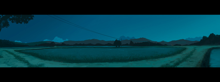 copyright_request dark field grass ground_vehicle hanaosutarou highres hill house landscape letterboxed long_image night no_humans power_lines scenery silhouette sky telephone_pole train tree water wide_image