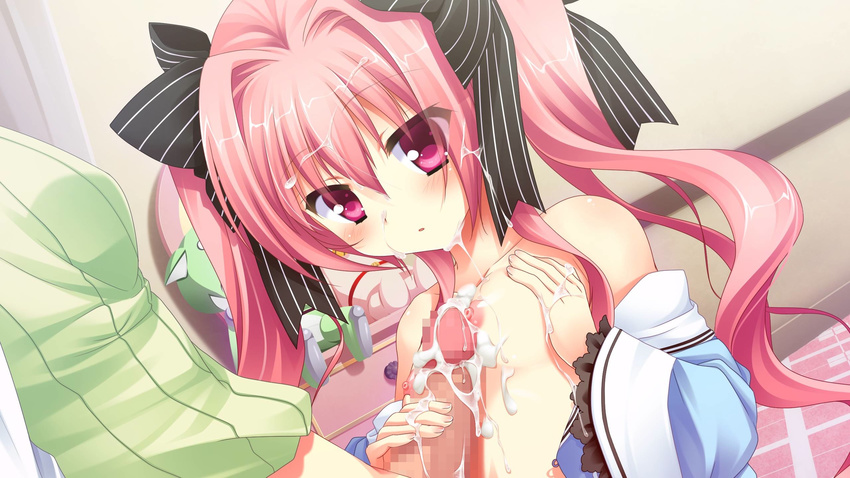 1girl artist_request censored character_request cum cum_on_hair game_cg highres kunai_uri long_hair mango_purin mosaic_censoring naizuri nama2e namanie noblesse_of_rouge paizuri pink_eyes pink_hair ribbon small_breasts source_request susakuooji_hotoha susakuooji_hotoha_(porthos) twintails