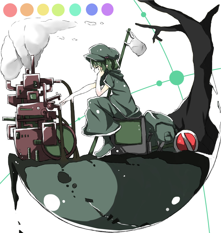 backpack bag boots closed_eyes green_hair hair_bobbles hair_ornament hand_on_own_cheek hand_on_own_chin hand_on_own_face hand_rest hat head_rest highres hood hoodie kawashiro_nitori long_skirt machine nal_(naru-1) road_sign rubber_boots short_hair short_sleeves sign sitting skirt smoke solo teardrop tears television touhou tree two_side_up