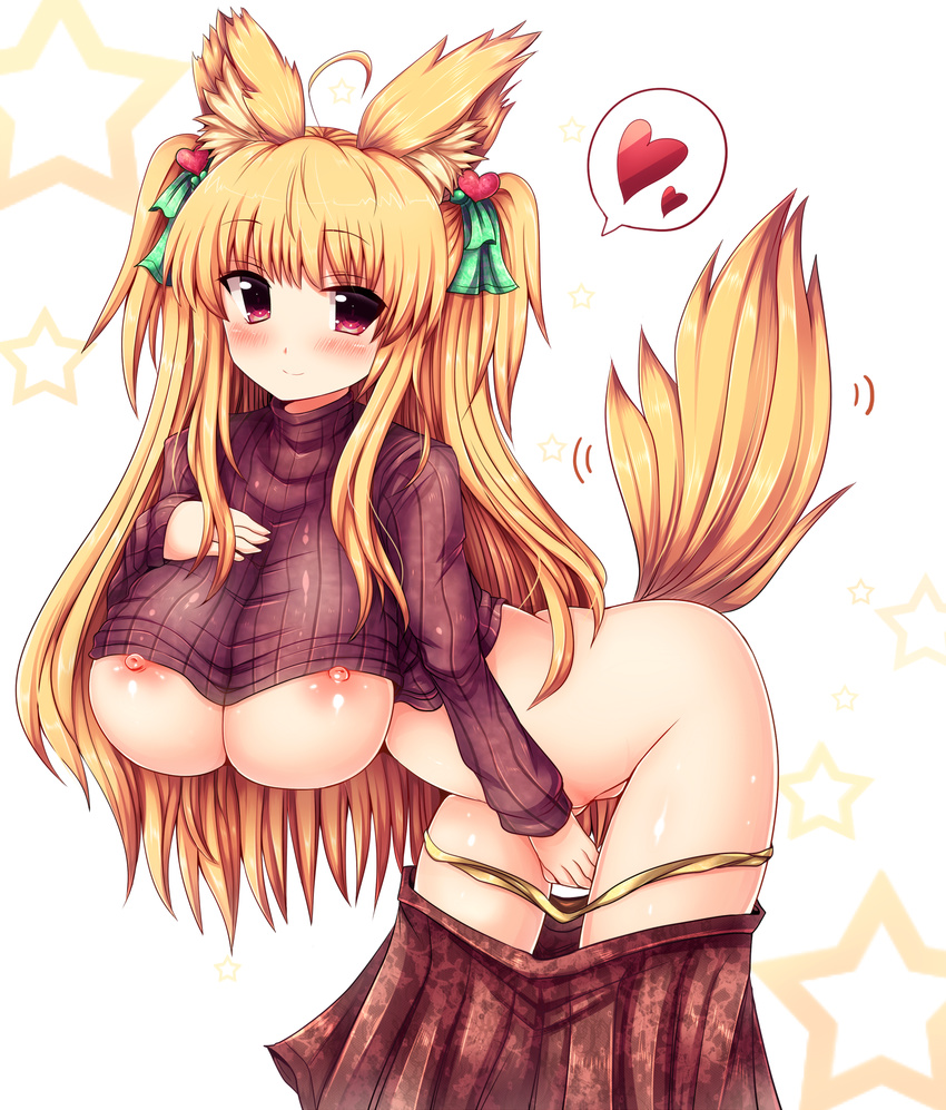 1girl ahoge animal_ears areolae bent_over blonde_hair breasts female fox_ears fox_tail hair_ornament hair_ribbon hanging_breasts highres huge_breasts long_breasts long_hair naoyama_masaru nipples no_bra original panties panty_pull red_eyes ribbon short_twintails skirt skirt_pull solo sweater tail twintails underwear