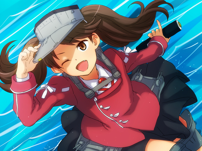 ;d @@@ bad_id bad_pixiv_id boots brown_eyes brown_hair eyebrows_visible_through_hair fang food hat kantai_collection long_hair long_sleeves looking_at_viewer magatama makizushi ocean one_eye_closed open_mouth ryuujou_(kantai_collection) scroll skirt smile solo sushi thigh_boots thighhighs twintails visor_cap water waves zettai_ryouiki