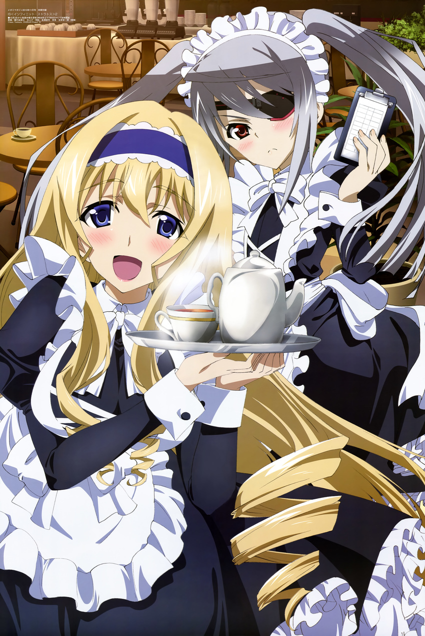 :d absurdres alternate_hairstyle blonde_hair blue_eyes blush cecilia_alcott clipboard drill_hair drink eyepatch frown headband highres infinite_stratos kuniyuki_yurie laura_bodewig long_hair maid_headdress megami multiple_girls non-web_source official_art open_mouth silver_hair smile tray twintails waitress