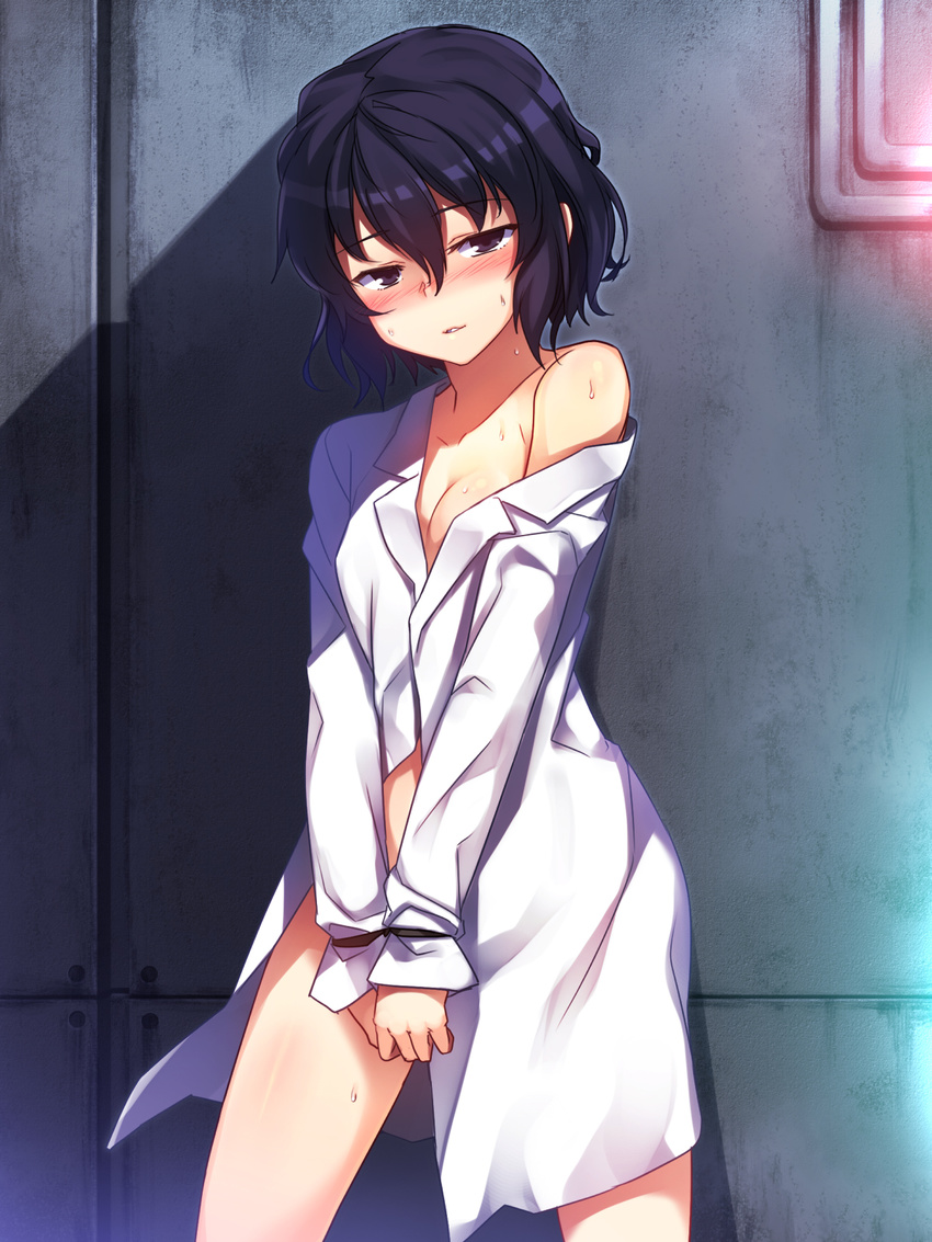 bdsm black_eyes black_hair blush bondage bound breasts cleavage highres labcoat loose_clothes loose_shirt medium_breasts naked_labcoat nunotaba_shinobu off_shoulder parted_lips racer_(magnet) shirt short_hair smile solo to_aru_kagaku_no_railgun to_aru_majutsu_no_index white_shirt