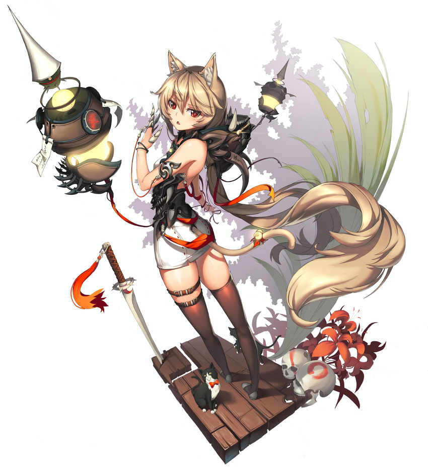 [saw] absurdres animal_ears armlet armor bare_shoulders bell black_legwear blonde_hair bow bowtie bracelet cat cat_ears cat_tail claw_(weapon) faux_figurine floating flower full_body highres hood hood_down jewelry lantern long_hair looking_back low_ponytail open_mouth original plant red_eyes ribbon sandals simple_background skirt skull sleeveless solo standing sword tail tassel thigh_strap thighhighs very_long_hair weapon white_background wooden_floor