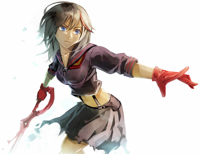 blue_eyes crop_top crop_top_overhang gloves kibanda_gohan kill_la_kill matoi_ryuuko midriff multicolored_hair school_uniform scissor_blade senketsu short_hair skirt solo sword weapon