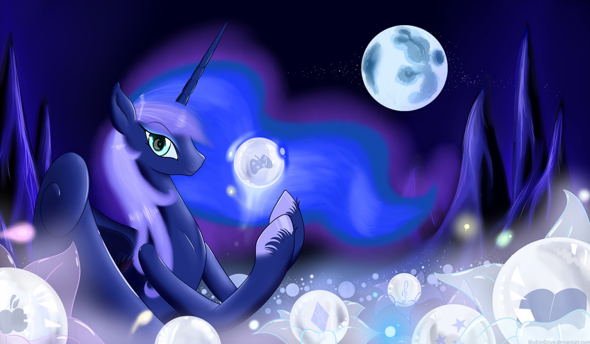 blue_eyes blue_hair blueondrive blumagpie bubble canyon controller cool_colors cutie_mark diamond equine female feral flower friendship_is_magic hair holding horn looking_at_viewer mammal moon musical_note my_little_pony night portrait princess_luna_(mlp) sky solo star stars winged_unicorn wings