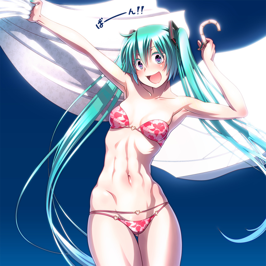1girl aqua_hair aqua_nails bikini blue_background breasts clothes_removed collarbone cowboy_shot dress dress_removed fingernails floral_print gluteal_fold gradient gradient_background hatsune_miku highres holding_clothes looking_at_viewer lowleg lowleg_bikini nail_polish navel open_mouth pink_bikini ribs small_breasts smile solo swimsuit swimsuit_under_clothes twintails umbrella undressing vocaloid white_dress white_umbrella wokada