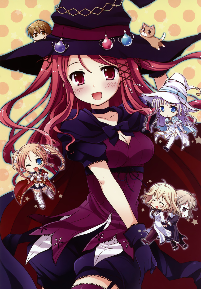 5girls :&lt; :d ^_^ absurdres aona_masao arima_yosuke black_bow black_neckwear blue_eyes blush bow bowtie breasts brown_hair cat chibi cleavage closed_eyes cowboy_shot cropped_jacket dress garter_straps green_eyes hat hatano_ririko highres lavender_hair looking_at_viewer medium_breasts multiple_girls open_mouth polka_dot polka_dot_background puffy_short_sleeves puffy_sleeves red_dress red_eyes red_hair saimon_eclair saimon_misumi short_sleeves siblings simple_background sisters smile witch's_garden witch_hat yukimura_suzuno