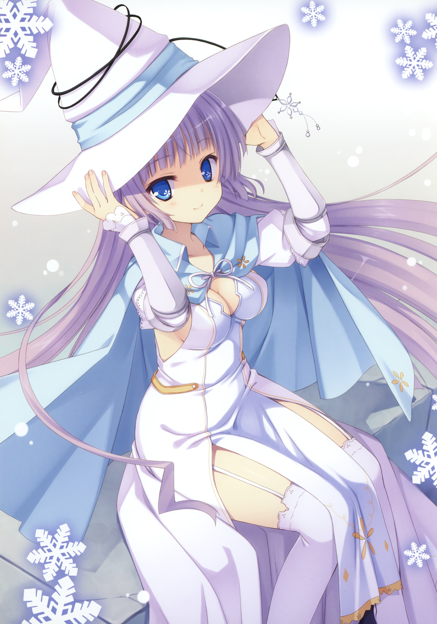 absurdres adjusting_clothes adjusting_hat blue_eyes breasts cape cleavage garter_straps grey_background hands_on_headwear hat highres lavender_hair light_smile long_hair looking_at_viewer medium_breasts muririn simple_background sitting snowflakes thighhighs very_long_hair white_legwear witch's_garden witch_hat yukimura_suzuno