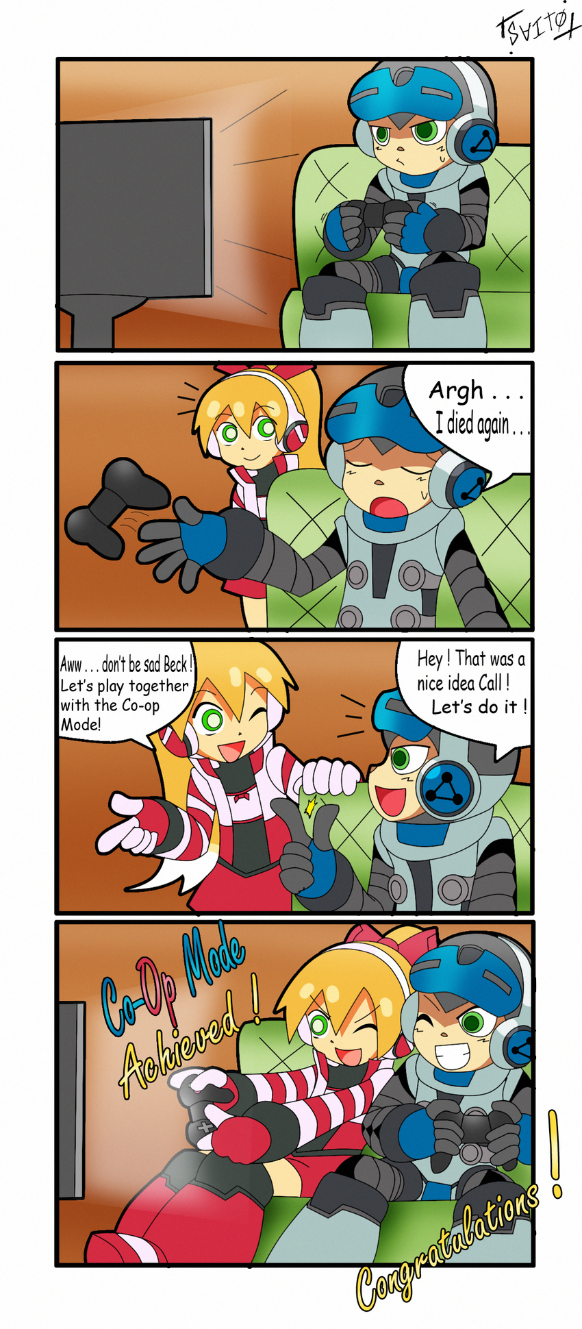 1girl 4koma ;) absurdres beck_(mighty_no._9) blonde_hair call_(mighty_no._9) call_f comic congratulations controller english game_controller gamepad green_eyes headphones helmet highres long_hair mighty_no._9 one_eye_closed playing_games ponytail shoutaro_saito smile striped_sleeves