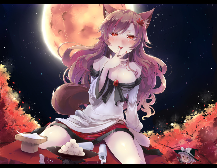 :p alcohol animal_ears autumn_leaves bottle brooch brown_hair dango dress dumpling fingernails food full_moon hakurei_reimu imaizumi_kagerou jewelry kirisame_marisa long_fingernails long_hair long_sleeves moon nail_polish night night_sky red_eyes sake shin_(new) skirt sky smile tail tokkuri tongue tongue_out touhou tree tsukimi tsukimi_dango wagashi werewolf wide_sleeves wolf_ears wolf_tail yukkuri_shiteitte_ne