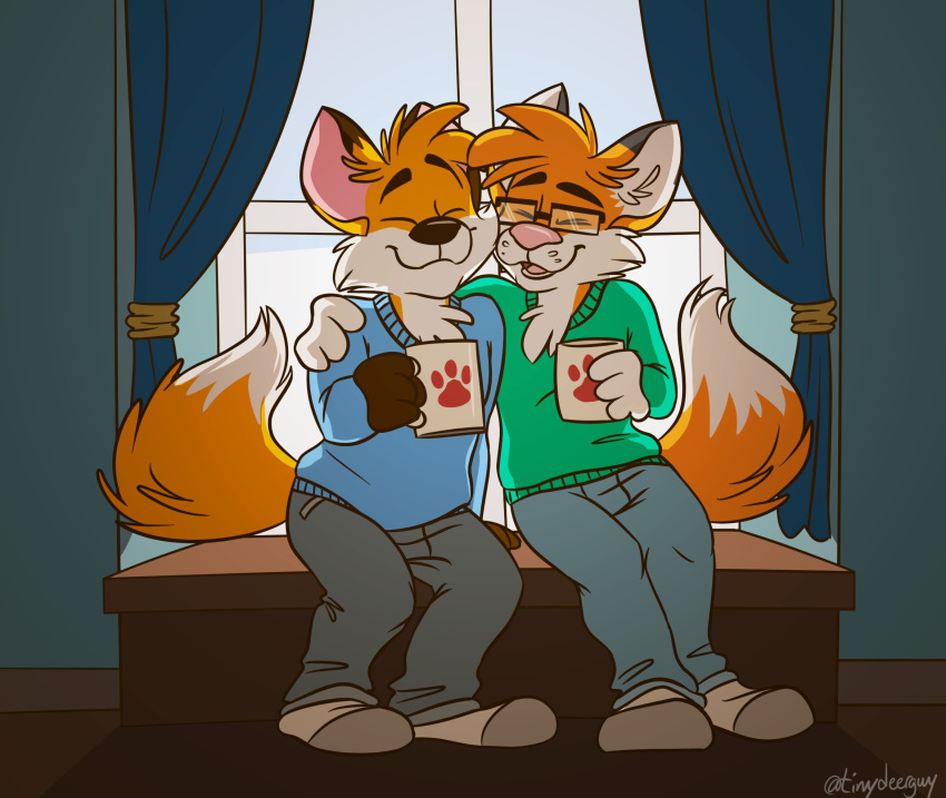 blue_shirt clothing duo eyewear glasses green_shirt male male/male pants shirt tinydeerguy zilchfox zipfox