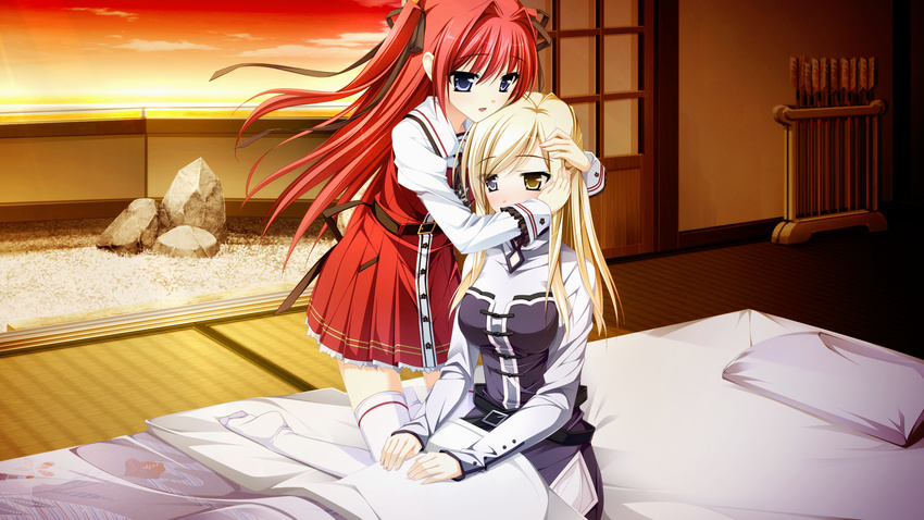 2girls blanket blonde_hair blue_eyes game_cg heterochromia highres kimishima_ao multiple_girls ootori_rena otome_ga_tsumugu_koi_no_canvas pillow red_hair rock shishidou_chiharu_flamsteed