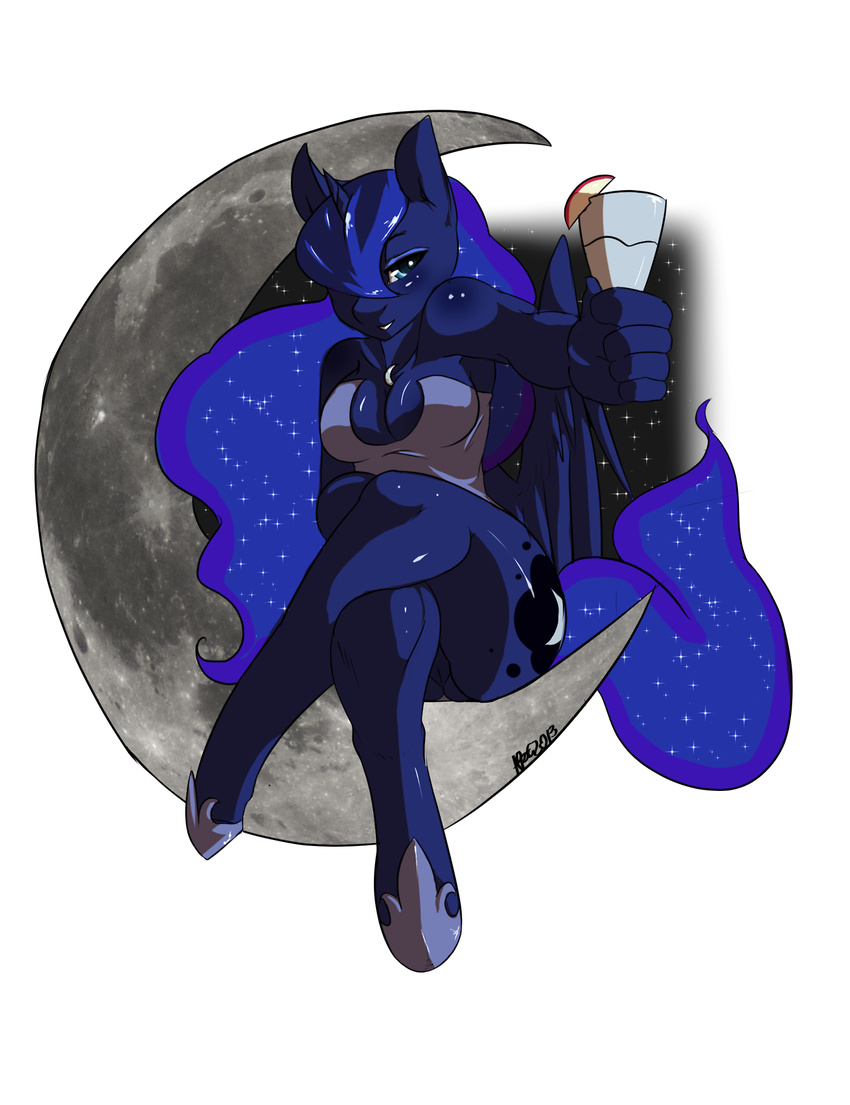 anthro anthrofied apple avante92 blue_eyes blue_hair bottomless breasts cleavage clothed clothing crossed_legs cutie_mark equine eyeshadow eyeshadowe female friendship_is_magic fruit glass hair horn horse looking_at_viewer makeup mammal moon my_little_pony necklace night pony princess_luna_(mlp) pussy sitting solo sparkles stars wine_glass winged_unicorn wings