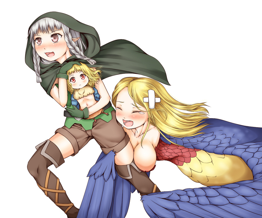 :&lt; bandaid belt bird blonde_hair boots braid breasts carrying chick child cleavage cloak closed_eyes cross-laced_footwear dragon's_crown elf elf_(dragon's_crown) feathered_wings feathers gloves harpy harpy_(dragon's_crown) haty hood kidnapping large_breasts leg_cling leg_hug long_hair monster_girl multiple_girls navel open_mouth pointy_ears purple_eyes red_eyes shorts silver_hair simple_background take_it_home tears thigh_boots thighhighs twin_braids white_background wings