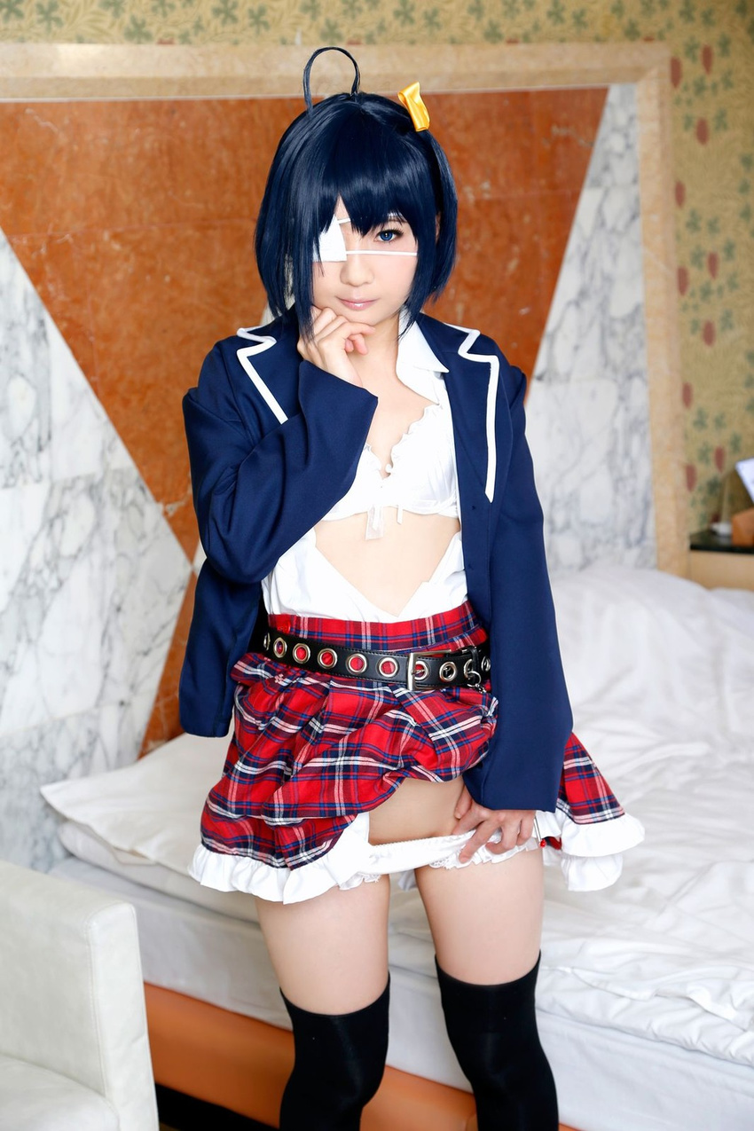 ahoge asian black_legwear blue_eyes blue_hair chuunibyou_demo_koi_ga_shitai! cosplay eyepatch kee_lee legwear open_clothes panties panty_pull photo solo takanashi_rikka takanashi_rikka_(cosplay) thighhighs underwear undressing white_panties