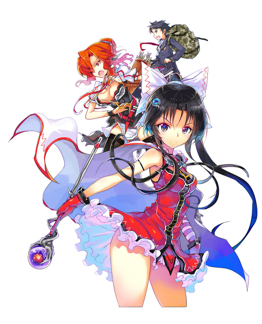 2girls bare_shoulders black_eyes black_hair breasts cleavage contrapposto cropped_legs dress expressionless highres long_hair looking_at_viewer master_wa_stray_cat medium_breasts multiple_girls polearm red_dress red_eyes red_hair shaded_face simple_background sleeveless sleeveless_dress staff standing thighhighs wand weapon white_background yui_(niikyouzou)