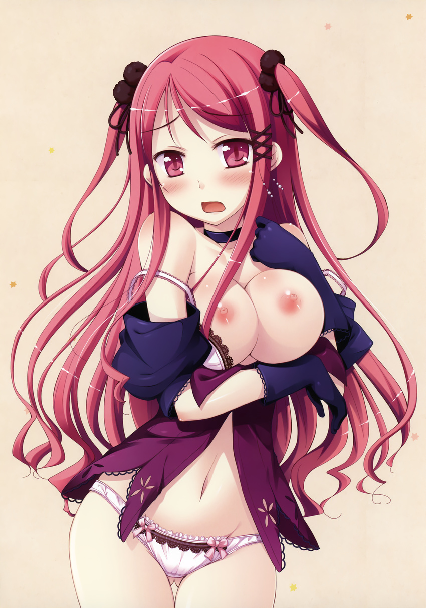 absurdres beige_background black_gloves blush bra bra_pull breast_hold breasts breasts_outside choker cowboy_shot d: gloves highres hinomiya_ayari ko~cha large_breasts looking_at_viewer navel nipples no_pants open_mouth panties pink_bra pink_eyes pink_panties red_hair simple_background standing stomach thigh_gap thighs two_side_up underwear wavy_mouth witch's_garden