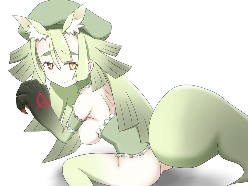 animal_ears artist_request blood breasts claws eyebrows gen'ei_wo_kakeru_taiyou green_hair hat long_hair looking_at_viewer nipples red_eyes short_eyebrows simple_background solo source_request tail tattoo thick_eyebrows tsukuyomi_luna white_background wolf