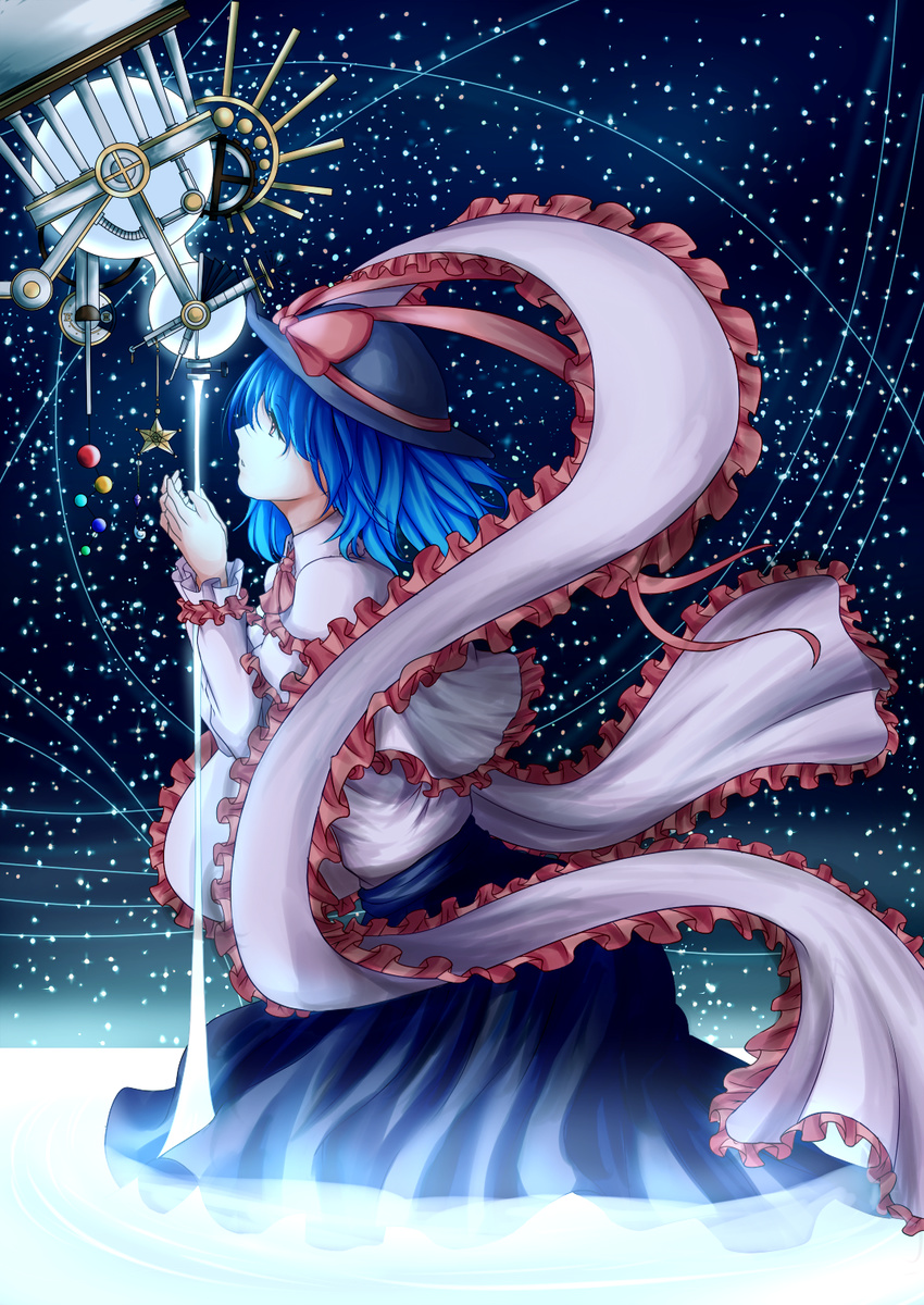 ascot atami blue_hair blue_skirt bow capelet frilled_shawl frills glowing hands_up hat hat_bow highres kneeling light light_beam light_trail long_skirt long_sleeves nagae_iku ornament red_eyes shawl short_hair skirt sky solo space standing star_(sky) starry_sky telescope touhou wading wind