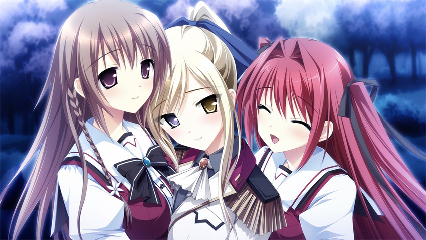 1boy 2girls blonde_hair brown_hair crossdressing eyes_closed game_cg heterochromia kimishima_ao long_hair miyama_mizuki multiple_girls ootori_rena otome_ga_tsumugu_koi_no_canvas purple_eyes red_hair shishidou_chiharu_flamsteed sword weapon