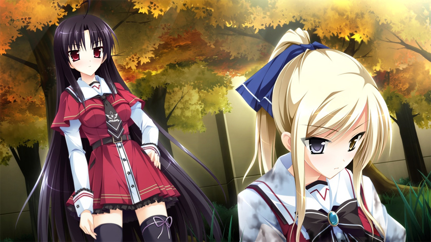 2girls black_hair blonde_hair game_cg hair_ribbon heterochromia karasuma_shizuku kimishima_ao multiple_girls otome_ga_tsumugu_koi_no_canvas red_eyes ribbon shishidou_chiharu_flamsteed